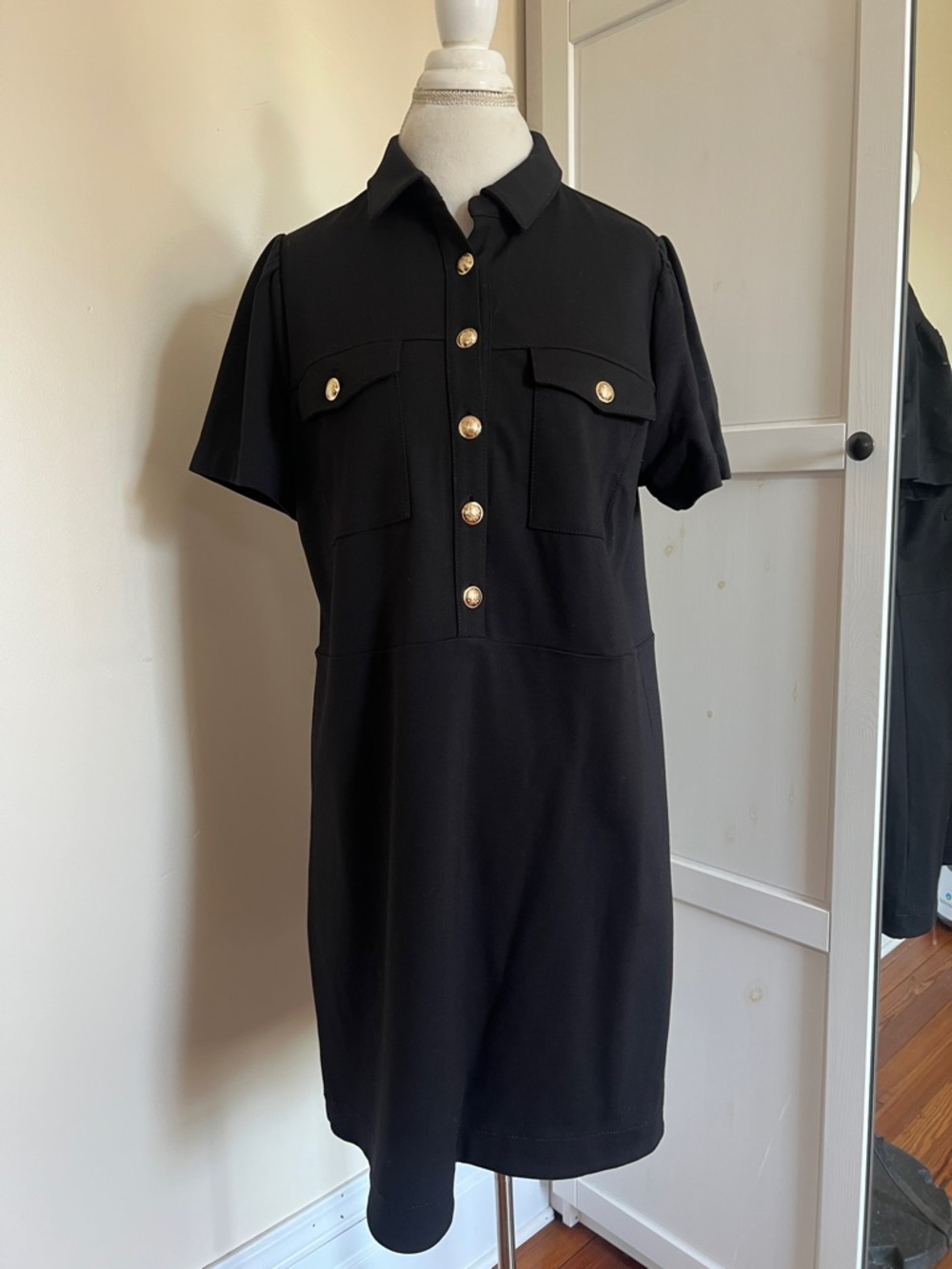 NWT LOFT Outlet Mod Black Ponte Utility Shirt Dress Gold Buttons Size 14 - Picture 2 of 8